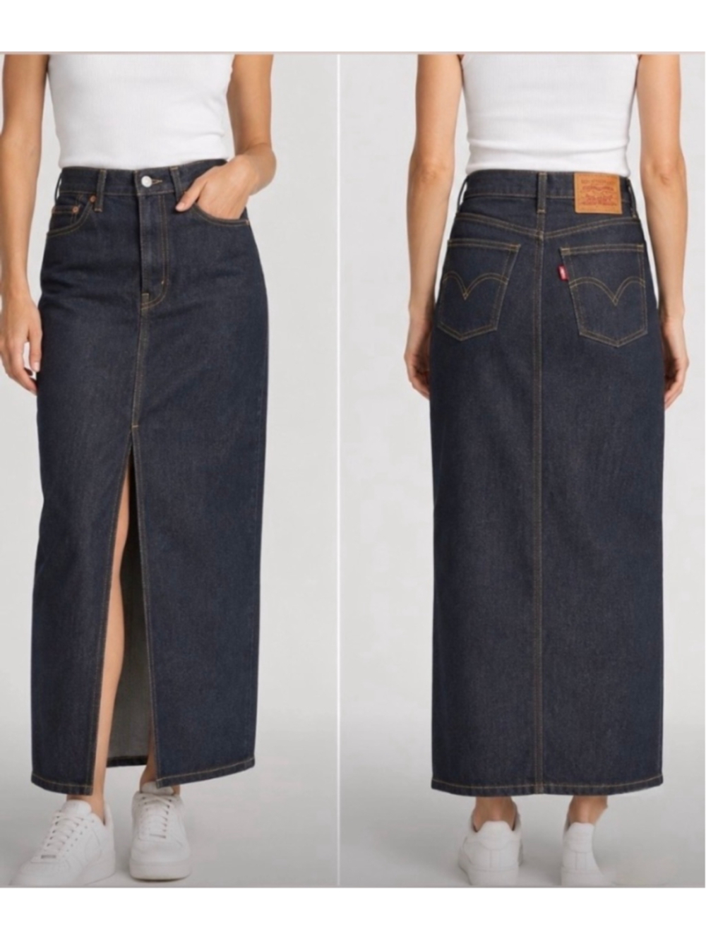 Levi’s Premium Ankle Column Denim Maxi Skirt “Worn In Indigo” Dark Wash 25 NWT
